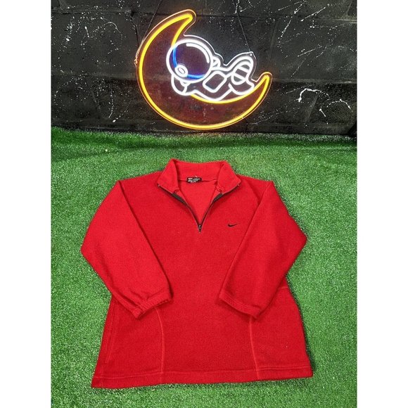 Vintage Nike Mens MD Sweater Red Fleece 1/4 Zip Long Sleeve Classic Logo Swoosh - Picture 1 of 8